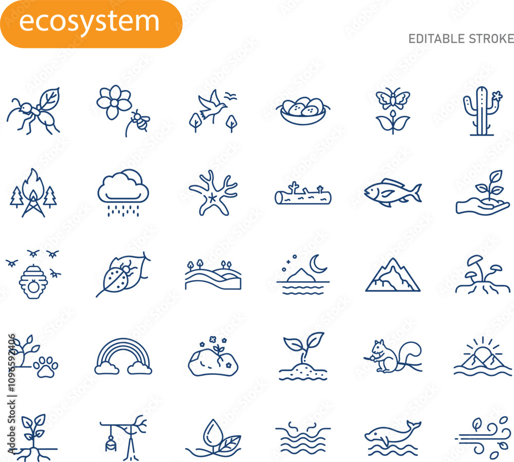 Fototapeta premium Nature Ecosystem Icons Plants, Animals, and Natural Elements