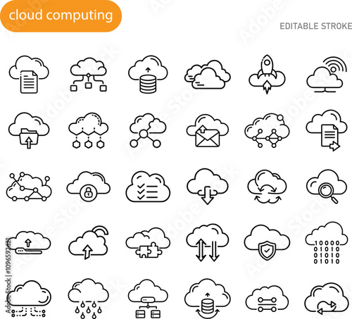 Cloud Computing Icons Network, Data Storage, Servers, and SaaS