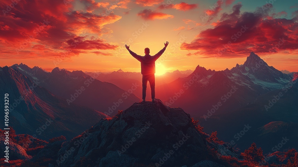 Happy man standing on mountain peak during vibrant sunset, embracing nature and adventure with arms raised in celebration and joy surrounded by majestic landscapes. Happy man standing on mountain peak during vibrant sunset, embracing nature and adventure with arms raised in celebration and joy surrounded by majestic landscapes.