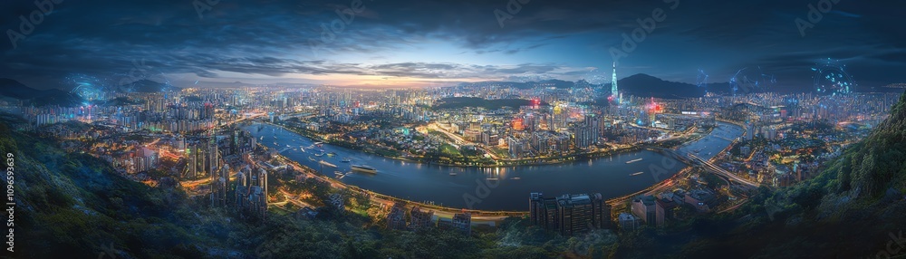 Stunning panoramic view of a futuristic city at twilight. Illuminated skyscrapers, winding river, and dramatic sky create a captivating cityscape. Stunning panoramic view of a futuristic city at twilight. Illuminated skyscrapers, winding river, and dramatic sky create a captivating cityscape.