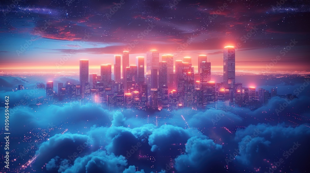 Fototapeta premium A Stunning Futuristic Cityscape Illuminated by Neon Lights Above a Sea of Clouds, Showcasing Advanced Technology and Urban Energy at Dusk