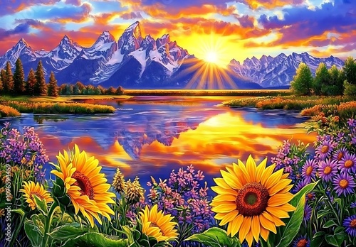 Sunflowers and Wildflowers Blooming Before the Grand Teton Mountains at Sunset with Vibrant Sky, Clouds, and Scenic River Reflections in a Serene Landscape.