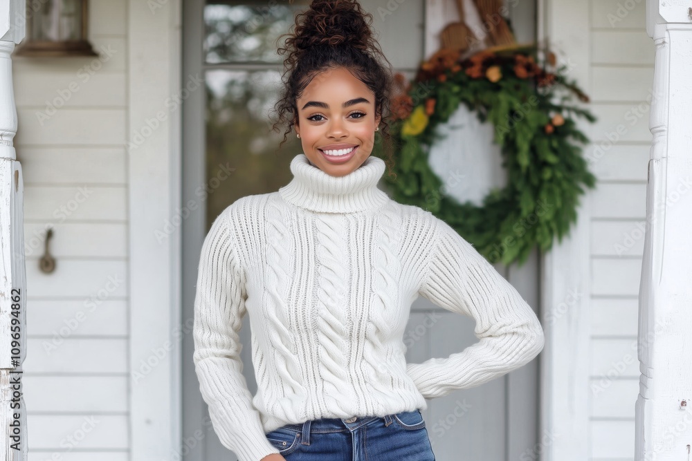 Fototapeta premium African American woman standing on the front porch of their modern farmhouse home, wearing jeans and white turtleneck sweater with cable knit pattern