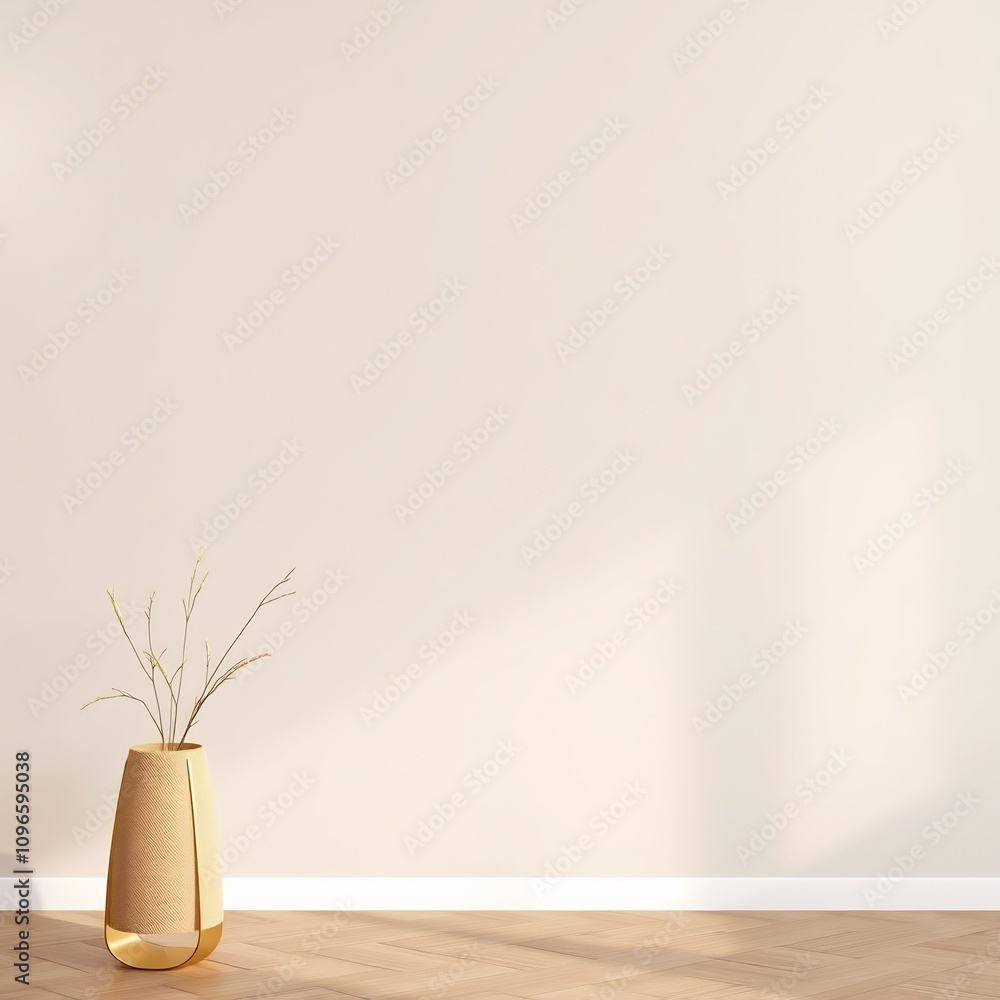 Minimalist beige wall interior with gold vase and dry branches. Minimalist beige wall interior with gold vase and dry branches.