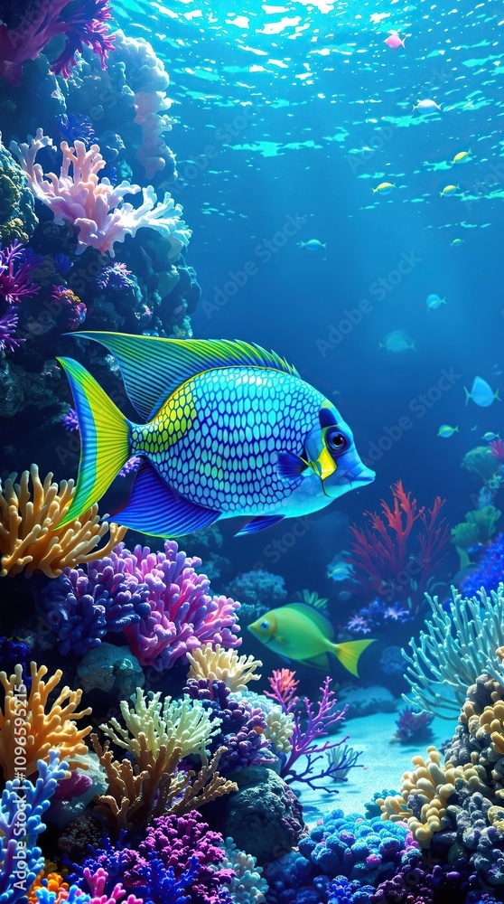 A bright blue and green tropical fish swims in the clear waters of a coral reef, aquatic animals, , ocean life, marine world A bright blue and green tropical fish swims in the clear waters of a coral reef, aquatic animals, , ocean life, marine world