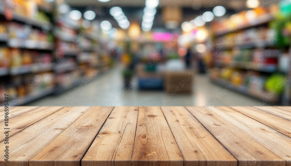 Empty wood table top with supermarket blurred background for product display
Empty wood table top with supermarket blurred background for product display