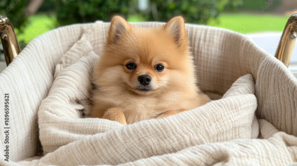 Cozy Pomeranian dog wrapped in soft blanket, looking adorable Cozy Pomeranian dog wrapped in soft blanket, looking adorable