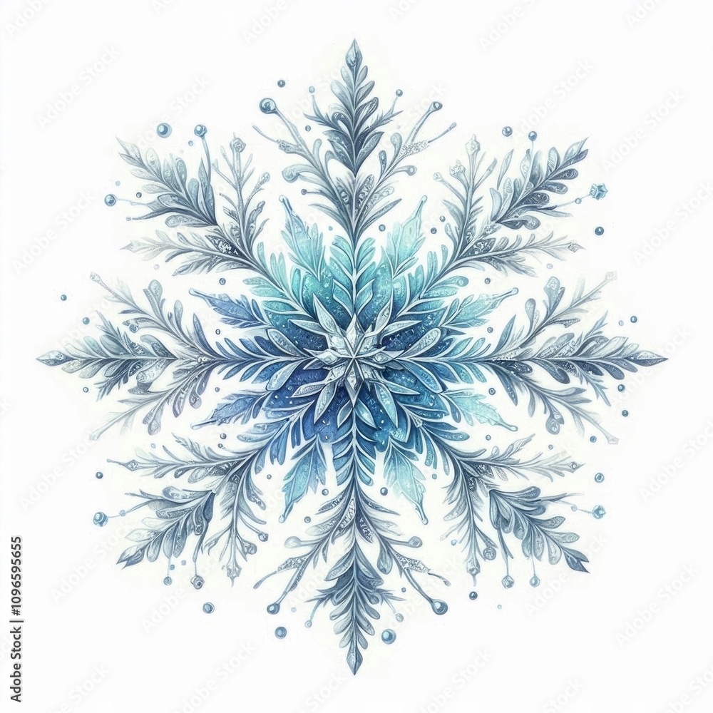 Illustration of watercolor snowflakes in blue and silver tones on a white background. AI generated. Illustration of watercolor snowflakes in blue and silver tones on a white background. AI generated.