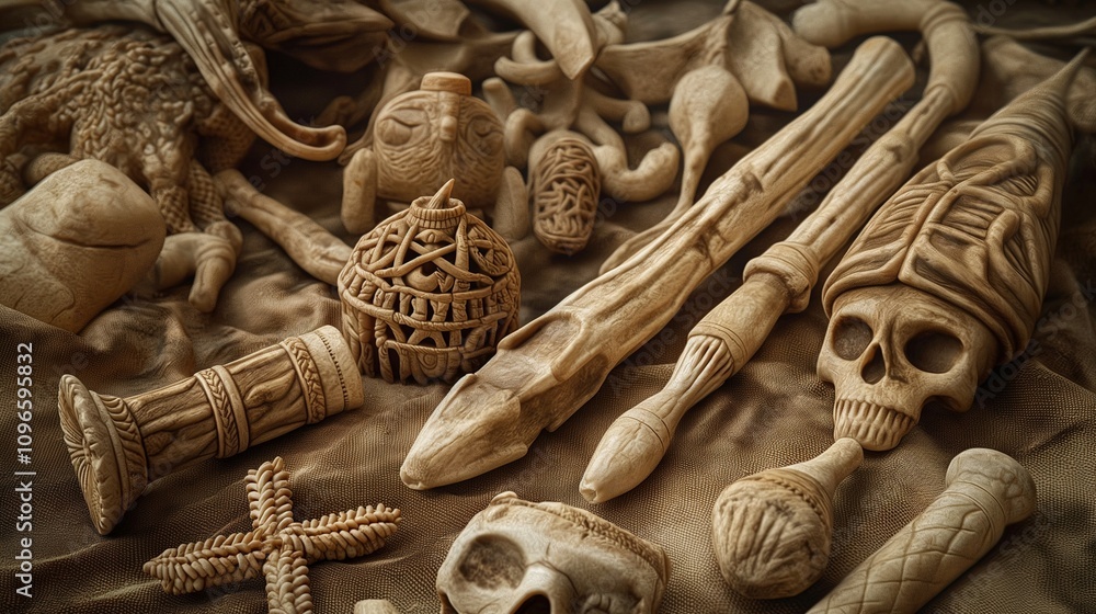 A collection of ancient, carved bone tools and ornaments, each piece showing signs of use and intricate craftsmanship, displayed on a textured cloth. 32k, full ultra hd, high resolution A collection of ancient, carved bone tools and ornaments, each piece showing signs of use and intricate craftsmanship, displayed on a textured cloth. 32k, full ultra hd, high resolution