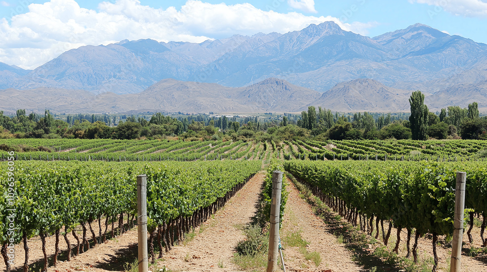A picturesque vineyard with rows of grapevines, mountains rising in the distance A picturesque vineyard with rows of grapevines, mountains rising in the distance