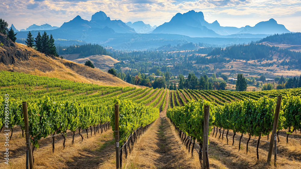 Naklejka premium A picturesque vineyard with rows of grapevines, mountains rising in the distance