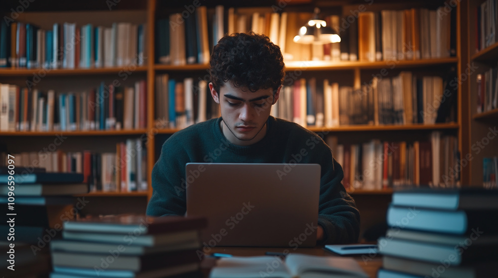 A student in a library, focused on his laptop, surrounded by books and notes, preparing for exams A student in a library, focused on his laptop, surrounded by books and notes, preparing for exams