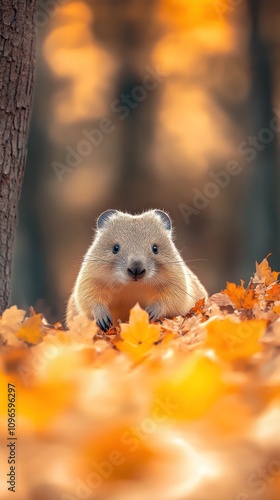 Adorable Wombat Adventuring Through a Colorful Autumn Landscape Surrounded by Golden Leaves and Warm Light in a Serene Forest Setting photo