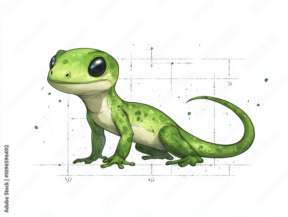 Fototapeta premium vibrant green gecko with large eyes and playful expression, showcasing whimsical design. This charming creature embodies lively spirit and unique character