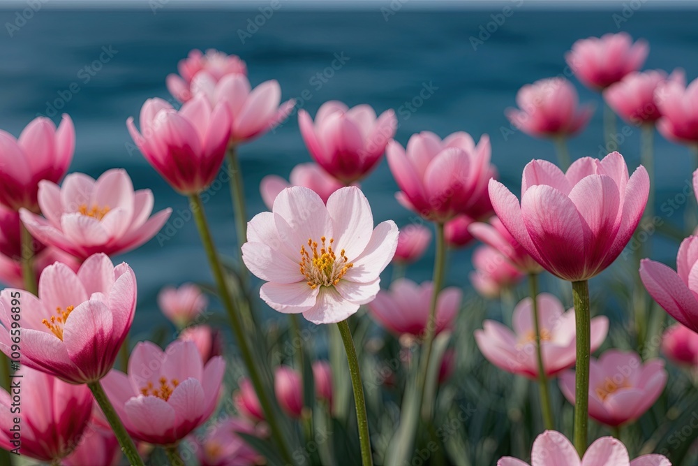 Vibrant Spring Flower Closeup on Ocean Background Vibrant Spring Flower Closeup on Ocean Background