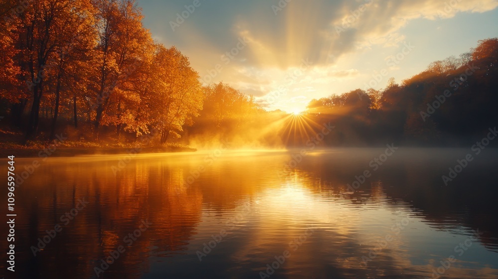 Fototapeta premium Serene Lakeside at Dawn with Rising Mist and Gentle Sunlight Illuminating Autumn Trees and Reflecting on Calm Waters in a Tranquil Landscape