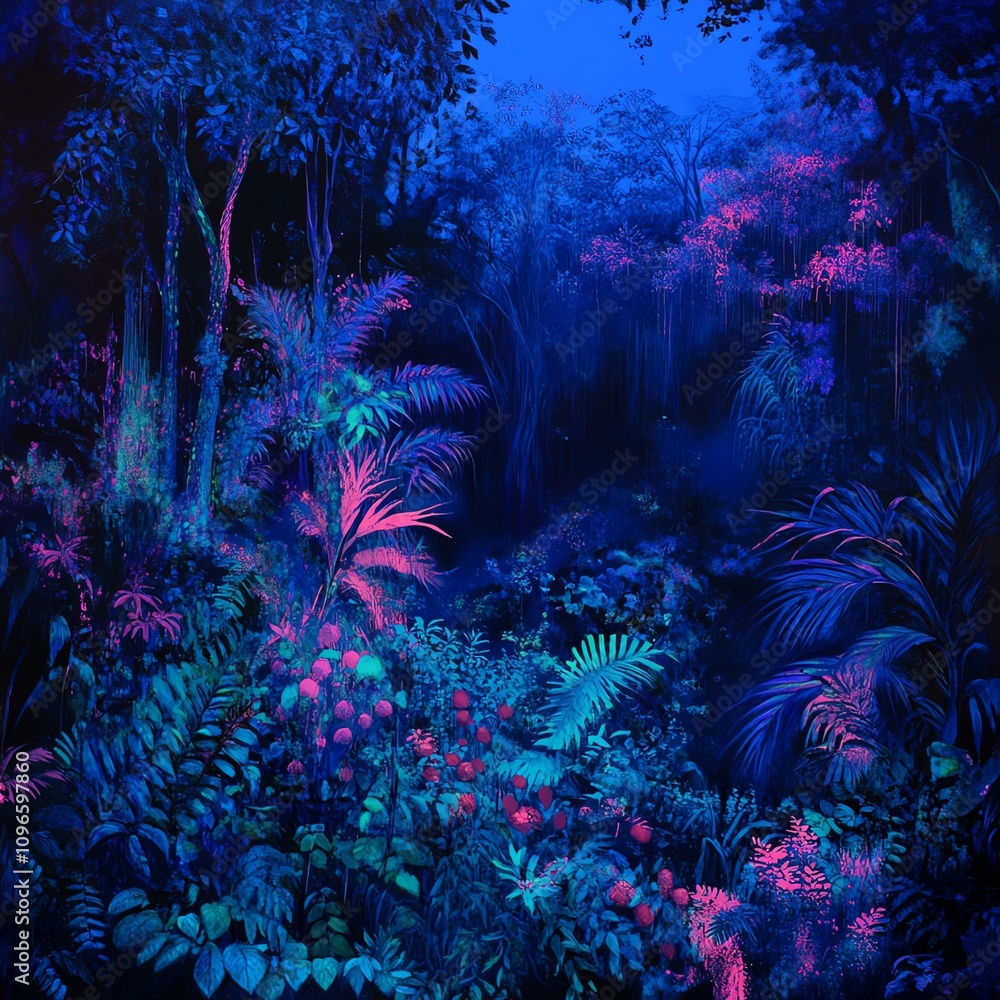 Obraz premium Ethereal neon blue and pink tropical rainforest at night. Lush foliage, vibrant colors, mysterious atmosphere. Perfect for fantasy, sci-fi, or nature themes.