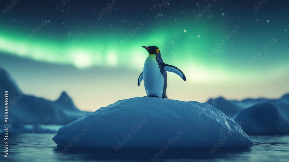 Obraz premium Penguin under northern lights, serene atmosphere 