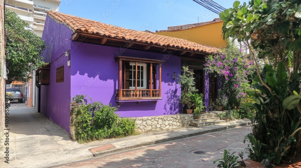 Charming Purple House Surrounded by Lush Greenery in a Quaint Neighborhood Charming Purple House Surrounded by Lush Greenery in a Quaint Neighborhood