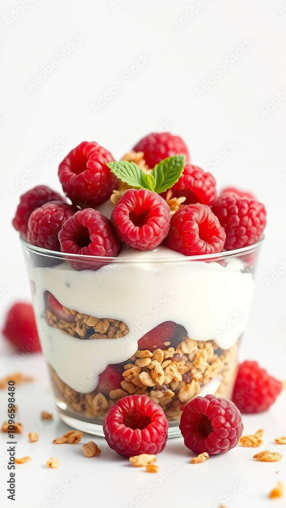Close-up of a delicious yogurt parfait with layers of granola and raspberries, therapeutic, female, super, forkful Close-up of a delicious yogurt parfait with layers of granola and raspberries, therapeutic, female, super, forkful