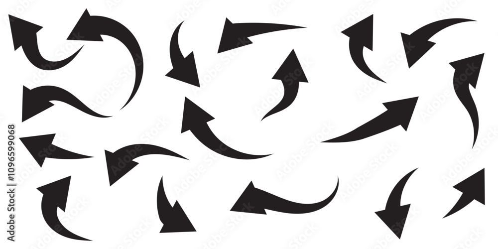 Black curved arrows icons set. Arrow sign in flat style. Wind movement image, process repeat symbol, rotation. Vector illustration. Black curved arrows icons set. Arrow sign in flat style. Wind movement image, process repeat symbol, rotation. Vector illustration.
