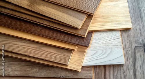 A stack of different wooden floor samples in various colors and textures