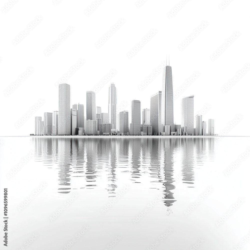 Obraz premium A minimalist city skyline reflecting in tranquil water, showcasing stunning modern architecture in a serene atmosphere.