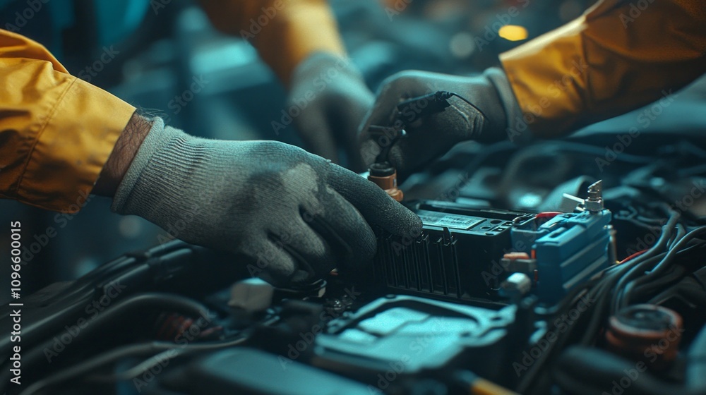 Two mechanics are working on a car engine Two mechanics are working on a car engine