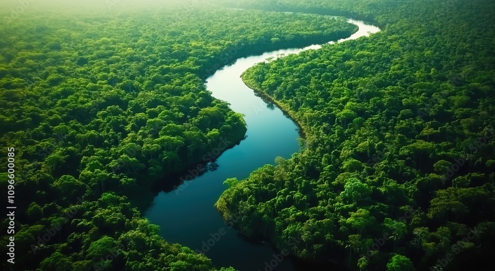 Aerial view of the Amazon rainforest with a winding river Aerial view of the Amazon rainforest with a winding river