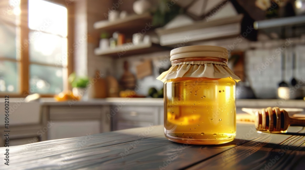 A glass jar of honey sits on a rustic wooden table in a kitchen, with a wooden honey dipper beside it. The sun shines through a window in the background. A glass jar of honey sits on a rustic wooden table in a kitchen, with a wooden honey dipper beside it. The sun shines through a window in the background.