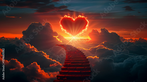 Stairs in the Sky: Concept of stairs leading into the sky with sun and clouds, featuring a red heart-shaped sky at sunset, representing love and aspiration. photo