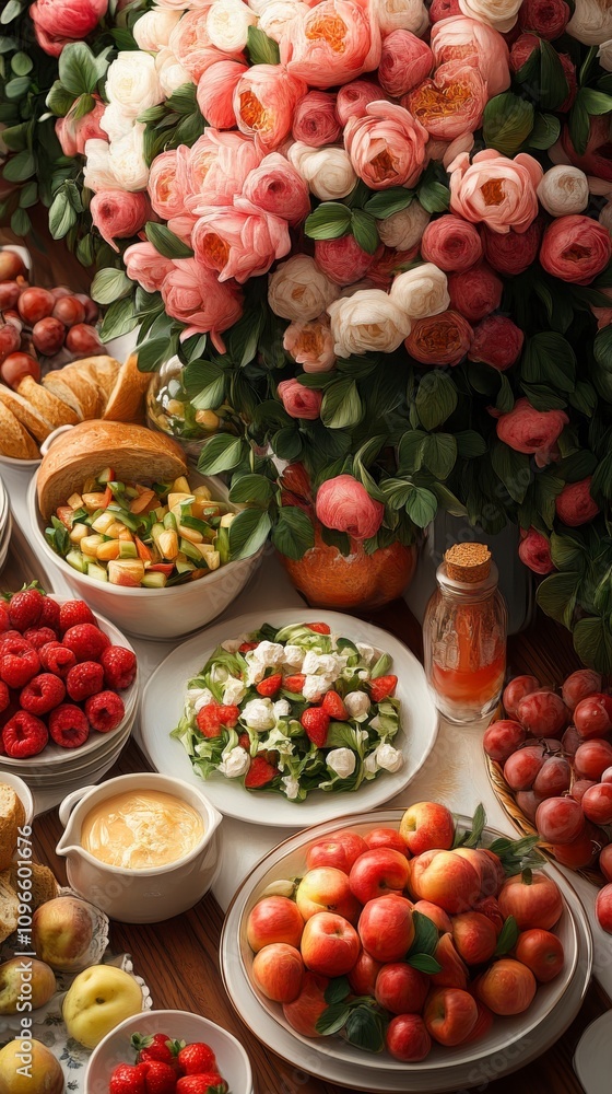 A Summertime Feast of Fresh Fruits and Salads, a Beautiful and Delicious Display A Summertime Feast of Fresh Fruits and Salads, a Beautiful and Delicious Display