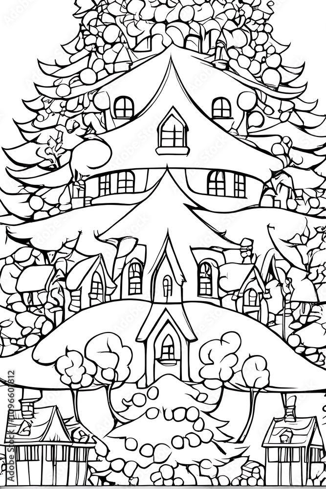 A choir of Christmas elves singing near a decorated tree, detailed outlines, white background.---_00001_ A choir of Christmas elves singing near a decorated tree, detailed outlines, white background.---_00001_