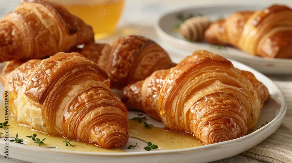 Close-up of fresh croissants drizzled with honey on a white plate. Close-up of fresh croissants drizzled with honey on a white plate.