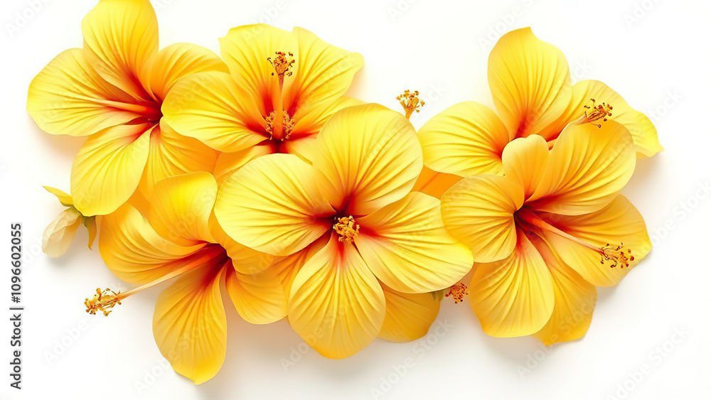 Obraz premium Cluster of beautiful yellow hibiscus flowers on white backdrop, colorful, assorted, variety, assorted