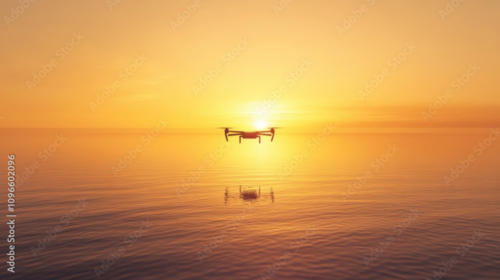 Drone flying over ocean at sunset Drone flying over ocean at sunset