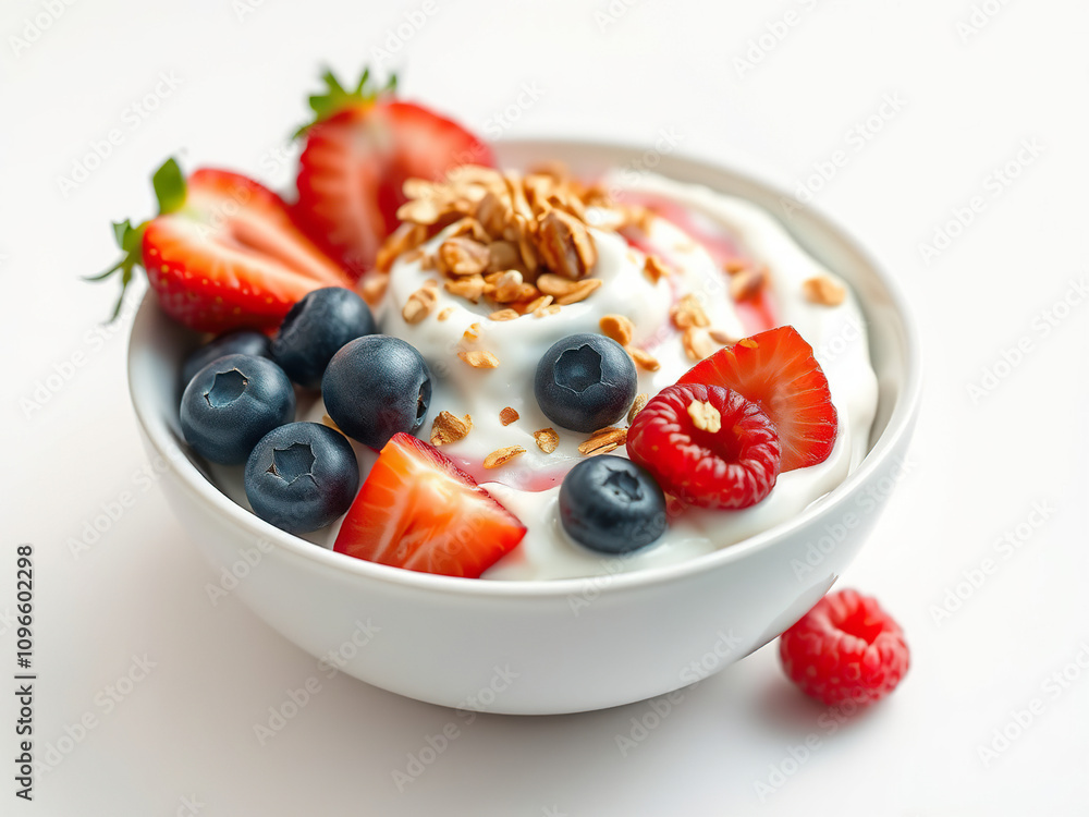 Colorful close-up of a bowl of Greek yogurt with crunchy muesli and fresh berries, sweet, breakfast time, dietary fiber, whole grains, tart Colorful close-up of a bowl of Greek yogurt with crunchy muesli and fresh berries, sweet, breakfast time, dietary fiber, whole grains, tart