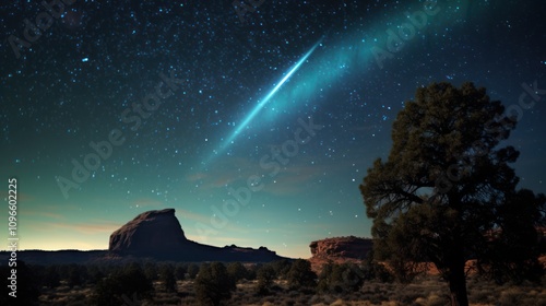 The comet's radiant blue-green hue illuminates the sky as it passes near a cluster of distant stars, with a faint trail of cosmic dust.