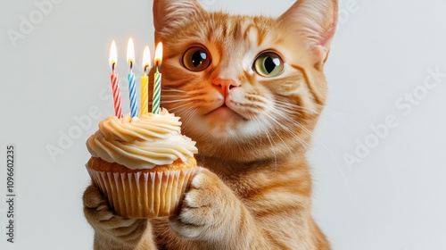 Adorable Ginger Cat Celebrating Birthday with Colorful Cupcake and Candles, Captured in a Playful and Heartwarming Photography Moment