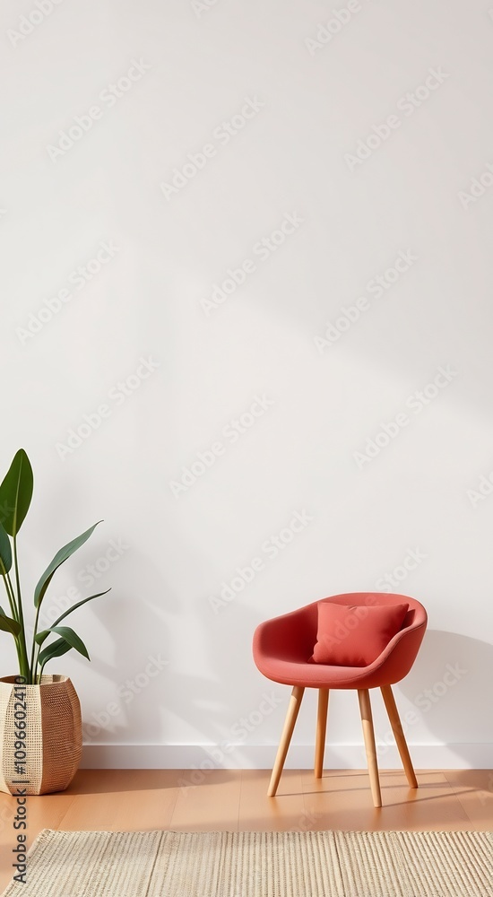 Minimalist living room with a single red chair, a plant in a woven pot, and a jute rug. Minimalist living room with a single red chair, a plant in a woven pot, and a jute rug.