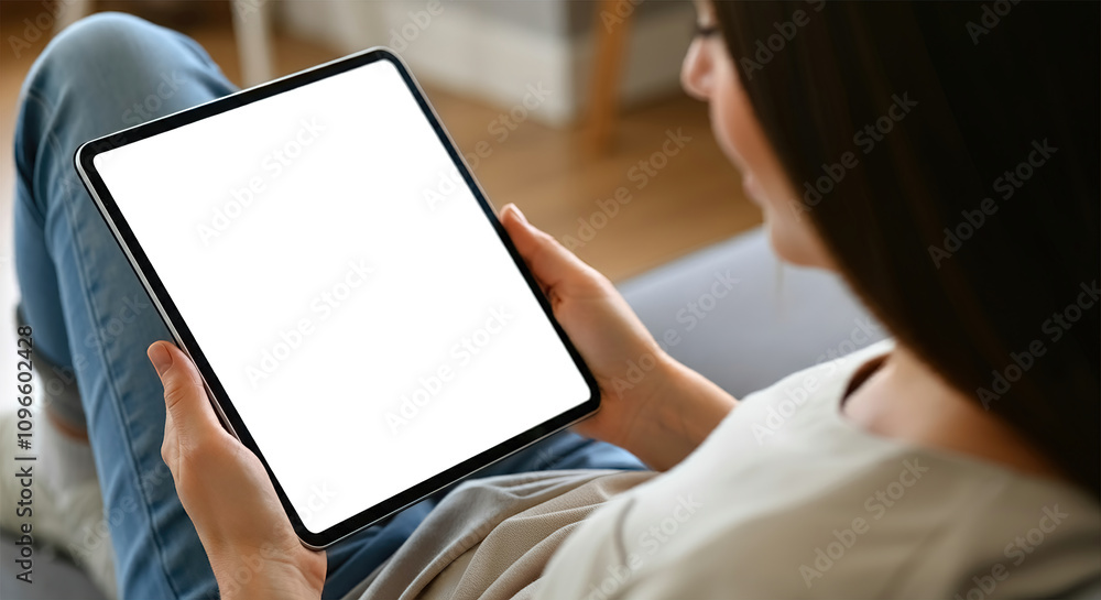 Close up of woman relaxing on couch at home using modern tablet device. Woman resting on couch looking at white blank mock-up screen on tablet device. Technology, communication concept. Close up of woman relaxing on couch at home using modern tablet device. Woman resting on couch looking at white blank mock-up screen on tablet device. Technology, communication concept.