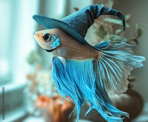 Colorful Guppy Fish in a Sparkling Blue and Silver Witch Hat with Flowing Blue Tail against a Soft Indoor Background