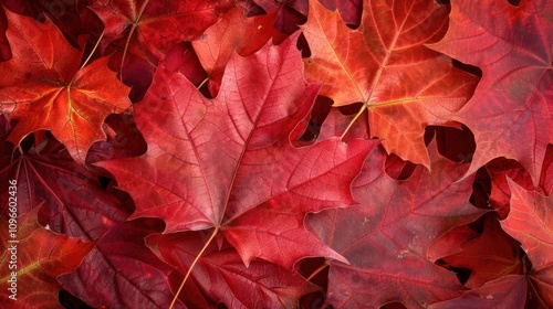 Fototapeta Naklejka Na Ścianę i Meble -  A close-up shot of a pile of vibrant red maple leaves, perfect for fall backgrounds or seasonal designs.