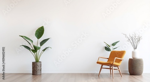 A yellow chair with wooden legs stands on a light wood floor in front of a white wall with a plant on a brown planter and another plant in a white vase on a textured brown stool to the right.