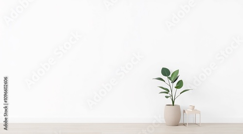 Minimalist interior with a potted plant on a side table against a white wall.