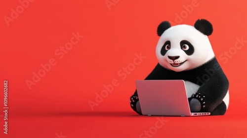 Adorable Cartoon Panda Sitting at a Desk with a Laptop on a Bright Red Background, Perfect for Illustrating Creativity and Fun in Work or Play
