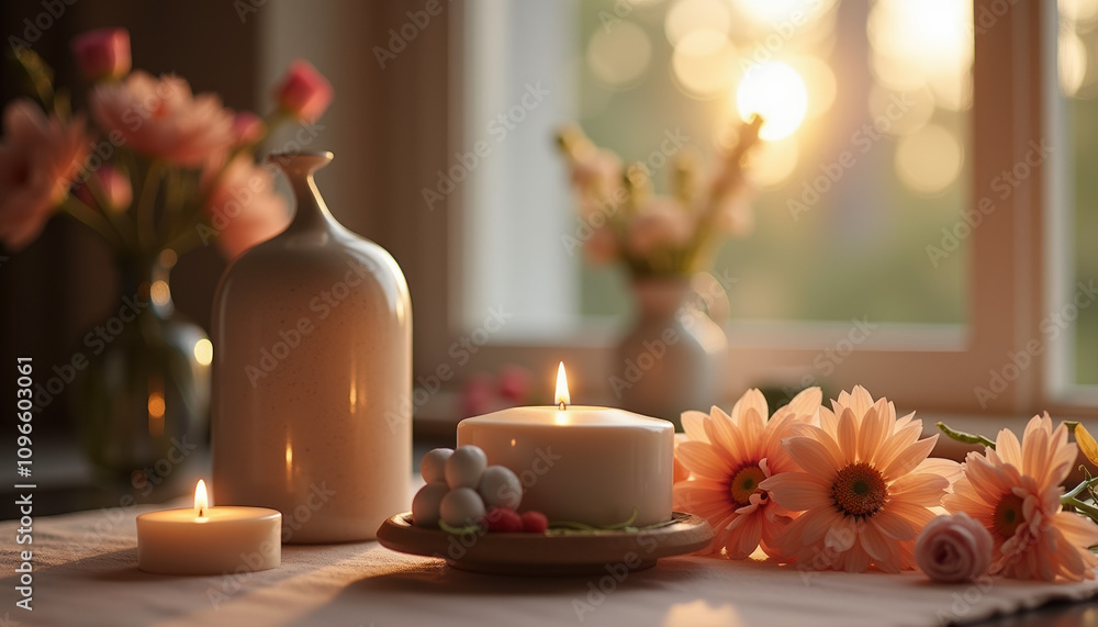 Charming still life of flowers in a decorative vase, complemented by candlelight for a cozy indoor atmosphere perfect for romantic settings. Charming still life of flowers in a decorative vase, complemented by candlelight for a cozy indoor atmosphere perfect for romantic settings.