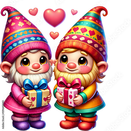 Two cheerful gnomes with gifts, surrounded by hearts, isolate on transparent background.