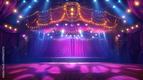 The stage of the circus is illuminated by shining lights, with colorful curtains hanging above it.