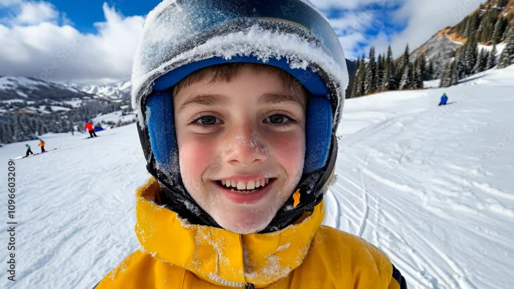 Excited skier in snowy conditions, smiling with delight Excited skier in snowy conditions, smiling with delight
